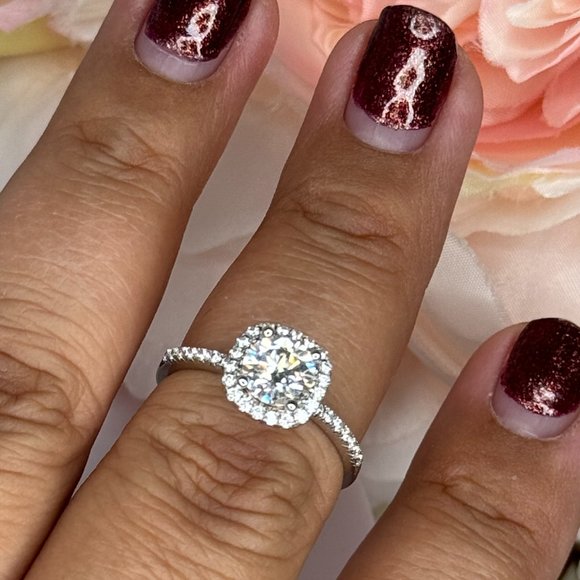 Certified 1ct . t.w. Moissanite Diamond Round Square Halo Engagement Ring - Picture 4 of 8